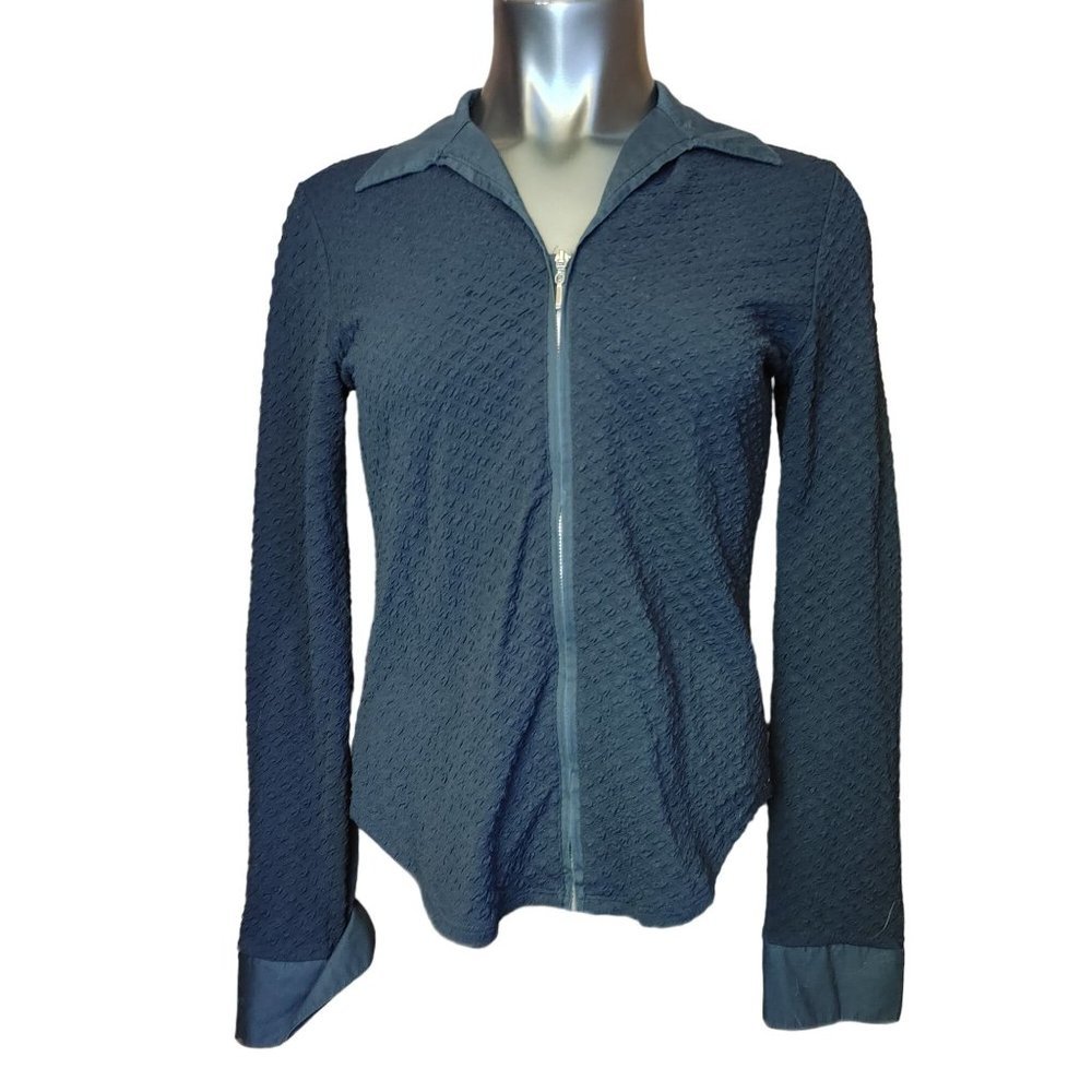KATE LANDRY Womens S Black Textured Zip Up Long Sleeve Shirt Top